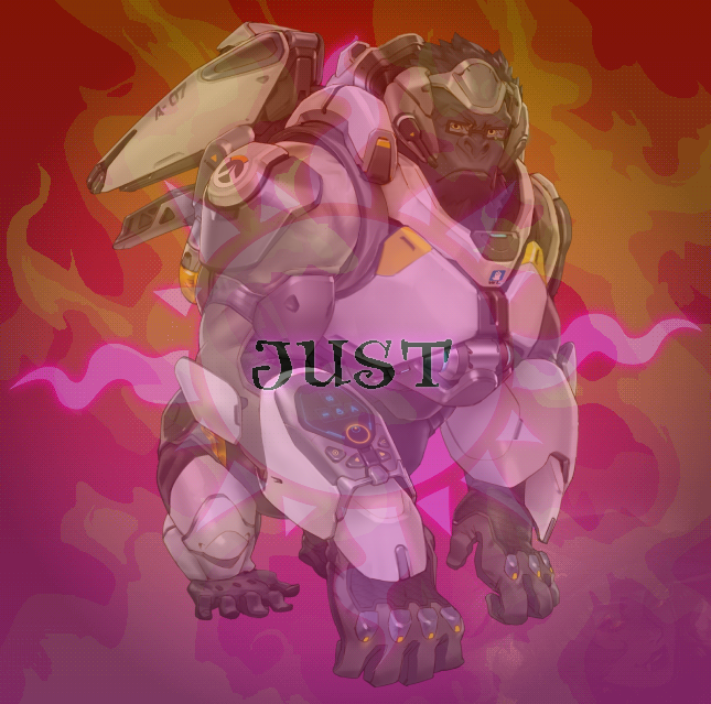 A render of Winston Overwatch, with cartoonish transparent fire effects around him and the Homestuck death clock thing saying "JUST" with the Light aspect symbol overlayed.